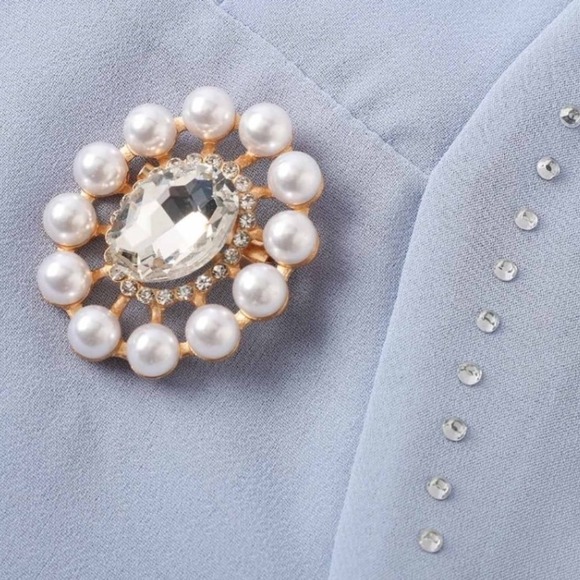 Women's 2 Piece Light Blue Pant Set Formal Asymmetrical Top Wide Leg Pants Large - Picture 3 of 12